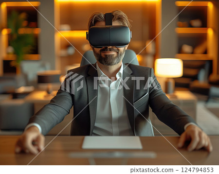 Business portrait rich corporate Caucasian man business suit outstretched arms sitting desk office wearing VR headset glasses. Reality using technology work. Concept using modern technology 124794853