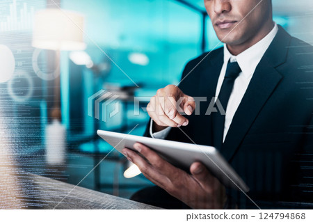 Cyber, hacker or businessman with tablet for futuristic cybersecurity, overlay or fintech blockchain tech. IT, digital data analysis or crypto investment research for stock market, crypto or bitcoin. Cyber, hacker or businessman with tablet for futuristic cybersecurity, overlay or fintech blockchain tech. IT, digital data analysis or crypto investment research for stock market, crypto or bitcoin. 124794868