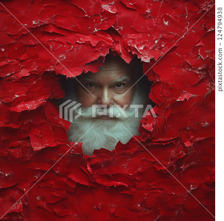 Merry Christmas. Cheerful Santa Claus classic red suit red background looks through torn paper. Christmas scene copy space, banner. Christmas scene copy space, banner. Greeting card, place for text Merry Christmas. Cheerful Santa Claus classic red suit red background looks through torn paper. Christmas scene copy space, banner. Christmas scene copy space, banner. Greeting card, place for text 124794938