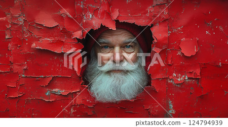 Merry Christmas. Cheerful Santa Claus classic red suit red background looks through torn paper. Christmas scene copy space, banner. Christmas scene copy space, banner. Greeting card, place for text Merry Christmas. Cheerful Santa Claus classic red suit red background looks through torn paper. Christmas scene copy space, banner. Christmas scene copy space, banner. Greeting card, place for text 124794939