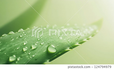 Close-up aloe vera leaves with water drops on the surface, succulent plant texture and transparency of drops on calm green background. Copy space, place for text, banner 124794979