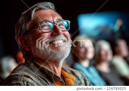 An older man with glasses smiles warmly while sitting in a dimly lit room with a blurred group in the background. Concept of happiness and contentment. For senior lifestyle photo. An older man with glasses smiles warmly while sitting in a dimly lit room with a blurred group in the background. Concept of happiness and contentment. For senior lifestyle photo. 124795025
