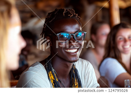 A person with glasses smiles, sitting among friends indoors in a casual setting. Concept of happiness and friendship. For lifestyle photography. 124795026
