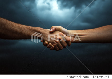 Two hands shaking against a dramatic, cloudy sky. Concept of agreement and unity. For business partnership or collaboration themes. Two hands shaking against a dramatic, cloudy sky. Concept of agreement and unity. For business partnership or collaboration themes. 124795031