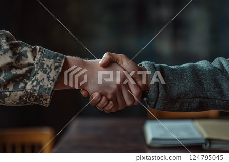 A handshake between a person in camouflage and another in a suit jacket extends over a wooden table. Concept of cooperation and agreement. For business or military partnership contexts. 124795045