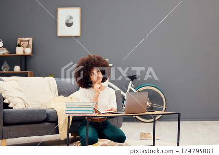 Student, study and black woman in home thinking of essay writing ideas for college art assignment. Creative, focus and opinion of young afro girl working on university project idea in house. 124795081
