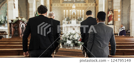 Funeral, church and group carry coffin in service, death or sermon for burial with support. Friends, family or pallbearers with casket for respect, help or sorrow in mourning, worship or god religion Funeral, church and group carry coffin in service, death or sermon for burial with support. Friends, family or pallbearers with casket for respect, help or sorrow in mourning, worship or god religion 124795149
