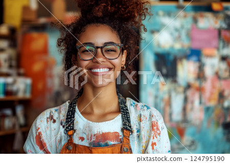 Smiling artist with glasses and curly hair stands in a colorful studio wearing a paint-splattered apron. Concept of creativity and joy. For a creative workspace photo Smiling artist with glasses and curly hair stands in a colorful studio wearing a paint-splattered apron. Concept of creativity and joy. For a creative workspace photo 124795190