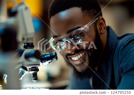 Man smiling while looking into microscope, wearing clear protective glasses in a laboratory setting. Concept of science and research. For science-related content 124795250