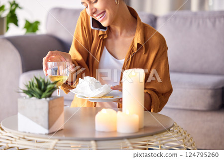 Woman, candles and phone call with smile, happy and content being peaceful, relax or in living room. Female, light and smartphone for conversation, champagne and talking for joy or cheerful in lounge Woman, candles and phone call with smile, happy and content being peaceful, relax or in living room. Female, light and smartphone for conversation, champagne and talking for joy or cheerful in lounge 124795260