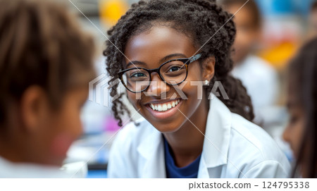 Smiling person with glasses in a white coat sitting in a classroom setting, surrounded by other students. Concept of education, happiness, learning. For school brochure. 124795338