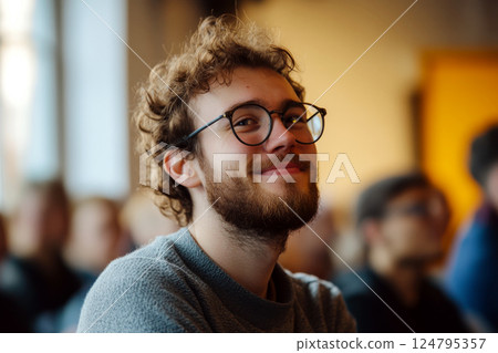 A man with curly hair, beard, and glasses smiles in a group setting with blurred background. Concept of happiness and confidence. For lifestyle photo. 124795357