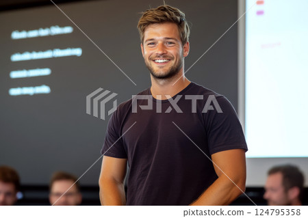 Young man in black t-shirt smiles in front of a blurred presentation screen with text, "think see talk shown, etc". Concept of presentation, confidence, speaker. For corporate communication. 124795358