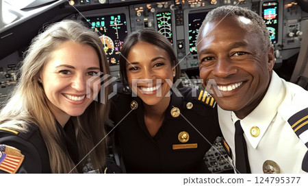 Three pilots smiling in an airplane cockpit, wearing uniforms with badges. Concept of teamwork and aviation. For promoting aviation careers. 124795377