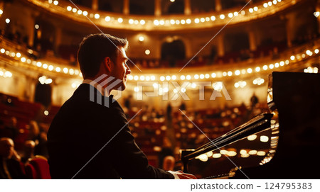 A man in a black suit plays the piano on stage in a grand concert hall. Concept of music performance. For concert event promotion. A man in a black suit plays the piano on stage in a grand concert hall. Concept of music performance. For concert event promotion. 124795383