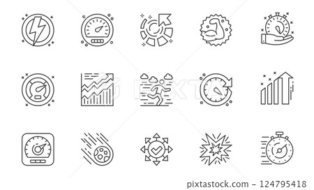 Productivity work icons set in outline stroke design for web. Pack line pictograms with fast, lightning, speedometer, strength, timer, time management, running, meteor, other. Vector illustration. Productivity work icons set in outline stroke design for web. Pack line pictograms with fast, lightning, speedometer, strength, timer, time management, running, meteor, other. Vector illustration. 124795418