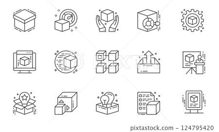 Product launch icons set in outline stroke design for web. Pack line pictograms with box, research, process, production, component, brand promotion, module, presentation, other. Vector illustration. Product launch icons set in outline stroke design for web. Pack line pictograms with box, research, process, production, component, brand promotion, module, presentation, other. Vector illustration. 124795420