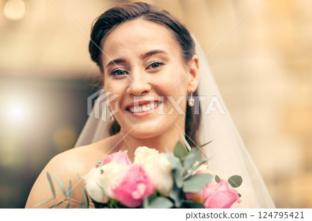 Beauty, bride and portrait of a woman holding a flower bouqet on her wedding day. Female, beautiful and cosmetics with face of lady holding a floral bunch on her marriage day at commitment ceremony Beauty, bride and portrait of a woman holding a flower bouqet on her wedding day. Female, beautiful and cosmetics with face of lady holding a floral bunch on her marriage day at commitment ceremony 124795421