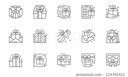 Presents icons set in outline stroke design for web. Pack line pictograms with birthday gift box, bow, letter, scroll, tag, bag, chat message, discount card, certificate, other. Vector illustration. Presents icons set in outline stroke design for web. Pack line pictograms with birthday gift box, bow, letter, scroll, tag, bag, chat message, discount card, certificate, other. Vector illustration. 124795422