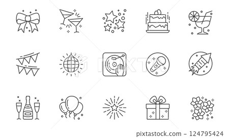 Party icons set in outline stroke design for web. Pack line pictograms with gift bow, champagne, stars, birthday cake, cocktail, garland, disco ball, dj music, karaoke, other. Vector illustration. Party icons set in outline stroke design for web. Pack line pictograms with gift bow, champagne, stars, birthday cake, cocktail, garland, disco ball, dj music, karaoke, other. Vector illustration. 124795424