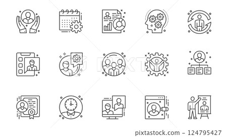 Office management icons set in outline stroke design for web. Pack line pictograms with employee support, calendar, process, resume, manager, teamwork, team organization, other. Vector illustration. 124795427