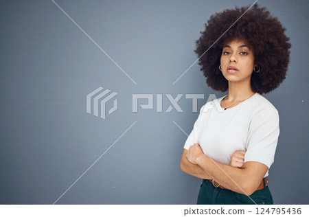 Black woman, business leader and arms crossed by advertising, marketing and mockup space for power and leadership. Portrait of African, model with natural afro, hair for product placement mock up 124795436