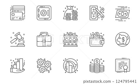 Finance and banking icons set in outline stroke design for web. Pack line pictograms with credit card, bank safe, money, bankruptcy, auction hammer, portfolio investment, other. Vector illustration. Finance and banking icons set in outline stroke design for web. Pack line pictograms with credit card, bank safe, money, bankruptcy, auction hammer, portfolio investment, other. Vector illustration. 124795441