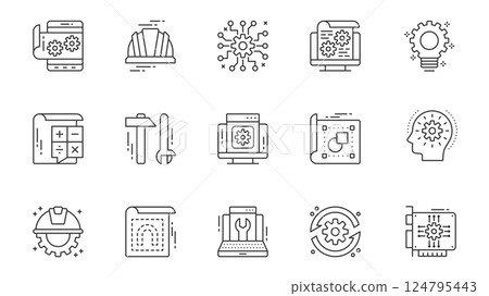 Engineering service icons set in outline stroke design for web. Pack line pictograms with app development, settings, helmet, gear, improvement, calculating, work tools, other. Vector illustration. 124795443