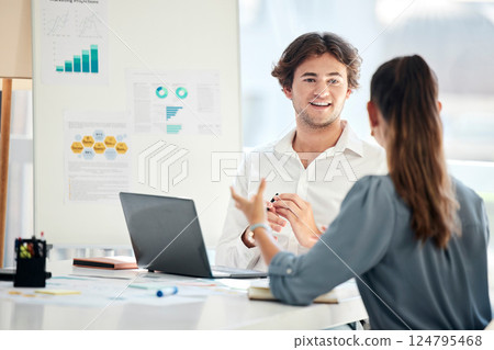 Businessman, woman or laptop in paper data analysis, kpi research planning or target audience strategy in digital marketing. Talking creative designers, people or teamwork collaboration on technology Businessman, woman or laptop in paper data analysis, kpi research planning or target audience strategy in digital marketing. Talking creative designers, people or teamwork collaboration on technology 124795468