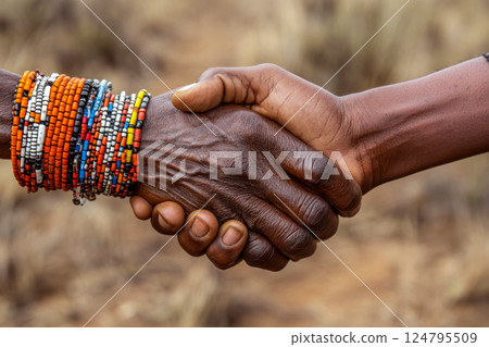 Two hands are shaking; one adorned with vibrant beaded bracelets, set against a blurred natural background. Concept of unity and cultural diversity. For a photo about cultural connections. 124795509