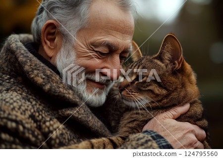 Elderly man embraces a cat, both sharing a tender moment outdoors. Concept of friendship, warmth, and love. For companionship themes. 124795560