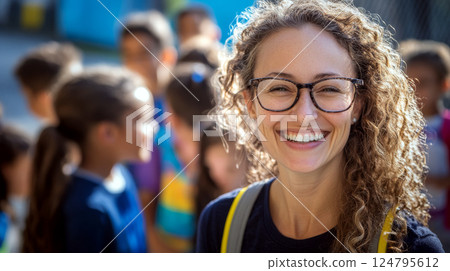 Smiling person with glasses stands in front of a group of blurred children outdoors. Concept of happiness, education, community. For education photo. 124795612