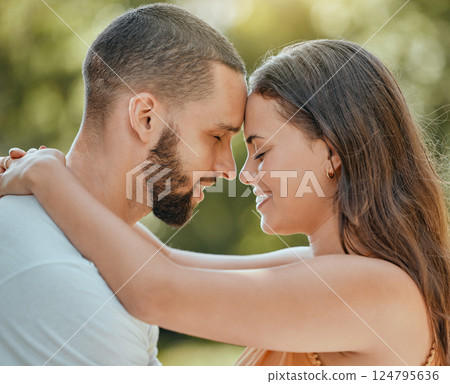 Couple, love and forehead touch in garden, summer park or outdoor backyard in Spain for care, happiness and easy lifestyle together. Smile, romance and date of man, woman and people in happy marriage Couple, love and forehead touch in garden, summer park or outdoor backyard in Spain for care, happiness and easy lifestyle together. Smile, romance and date of man, woman and people in happy marriage 124795636
