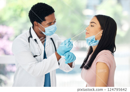 Doctor, patient and covid pcr, test and appointment in medical hospital with face mask for safety and protection from virus. Healthcare expert with gloves for hygiene while work in covid 19 clinic Doctor, patient and covid pcr, test and appointment in medical hospital with face mask for safety and protection from virus. Healthcare expert with gloves for hygiene while work in covid 19 clinic 124795642