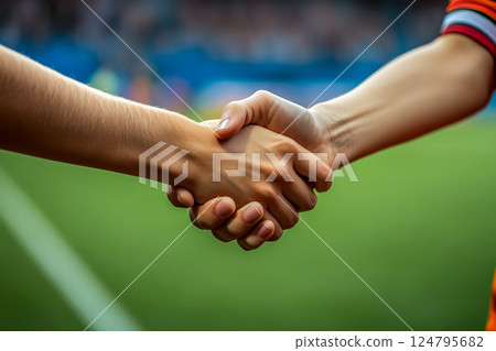 Two hands grasp in a handshake on a vibrant green field, showing unity and agreement. Concept of cooperation and partnership. For teamwork illustration. 124795682