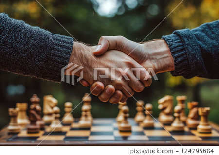 Two hands in sweaters are shaking hands over a chessboard with pieces in focus. Concept of agreement, cooperation, strategy. For teamwork articles or trust themes. 124795684