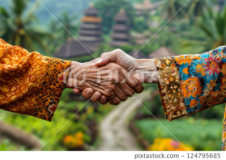 Two elderly hands shake warmly in front of lush, verdant foliage and blurred, pagoda-like structures. Concept of friendship and unity. For cultural exchange promotion. 124795685