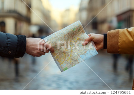 Two people in jackets are holding a map in a blurred urban setting. Concept of travel and navigation. For travel-themed content. 124795691