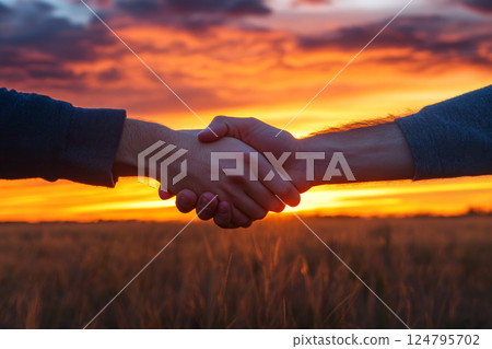 Two people shaking hands against a vibrant sunset sky in a field. Concept of agreement and partnership. For business or cooperation themes. 124795702