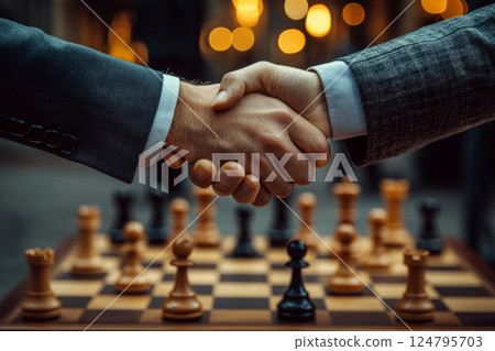 Two hands shaking over a chessboard with pieces strategically placed, illuminated by warm lights. Concept of agreement, strategy, and partnership. For business negotiations. 124795703
