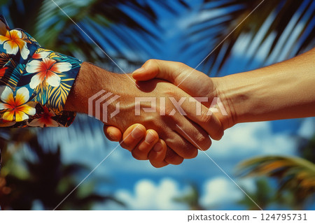 Two hands are shaking in front of a blue sky with palm leaves in the background; one person wears a floral shirt. Concept of partnership and agreement. For business or travel marketing. Two hands are shaking in front of a blue sky with palm leaves in the background; one person wears a floral shirt. Concept of partnership and agreement. For business or travel marketing. 124795731