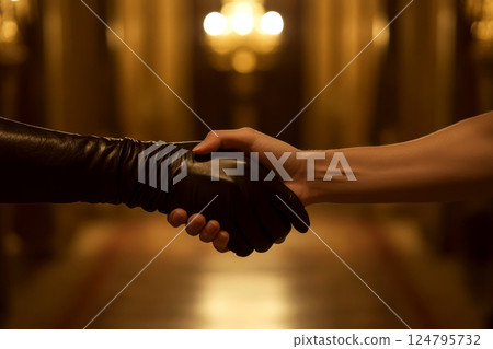Two hands shaking, one gloved, in a dimly lit elegant room. Concept of agreement, unity, or partnership. For business or cooperation themes. 124795732