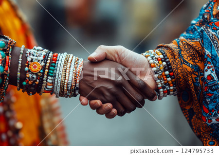 Two hands adorned with colorful bracelets engage in a handshake. Concept of unity and diversity. For cultural events. 124795733