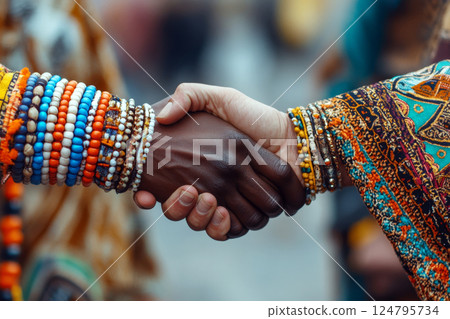 Two hands adorned with colorful bracelets are shaking hands in a friendly gesture. Concept of unity and diversity. For promoting cultural understanding. 124795734