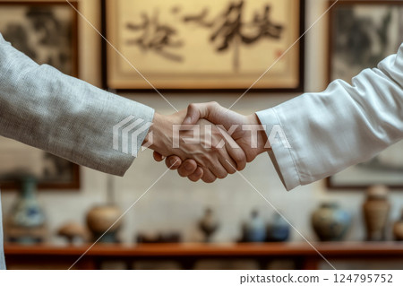 Two people shaking hands indoors with blurred art in the background. Concept of agreement, partnership, collaboration. For business or professional content. 124795752