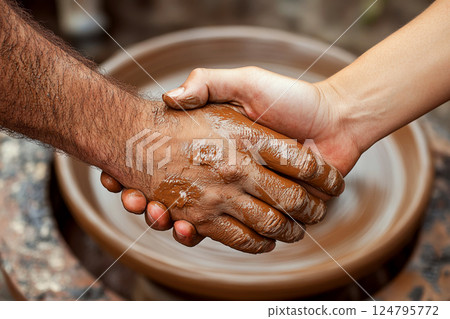 Two hands shaking, covered in wet clay, with a potter's wheel in the background. Concept of cooperation and creativity. For teamwork photo. 124795772