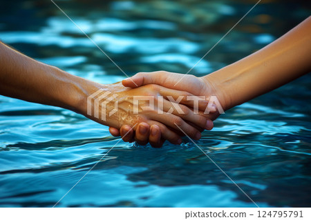Two hands grasp each other above a calm blue water surface, creating a sense of connection. Concept of unity and togetherness. For relationship and support themes. 124795791