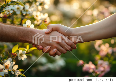 Two people shake hands in a garden surrounded by blooming flowers in warm sunlight. Concept of agreement, nature, partnership. For expressing partnership concepts. 124795814