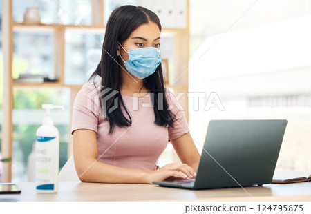 Covid, hand sanitizer and laptop with business woman with laptop for bacteria, healthcare and virus prevention. Research, email and internet with employee in office with disinfectant and protection 124795875