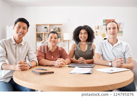 Portrait, creative and businesspeople together for brainstorming web design strategy. Group, proud and innovation with designer team ready for office vision with creativity in a design studio Portrait, creative and businesspeople together for brainstorming web design strategy. Group, proud and innovation with designer team ready for office vision with creativity in a design studio 124795876